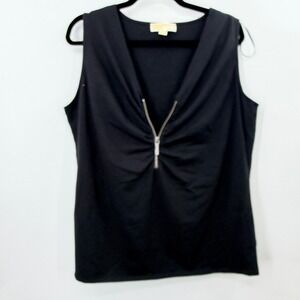 Michael Kors Womens Plus 1X Black Sleeveless Half Zip Ruched V-Neck Top
